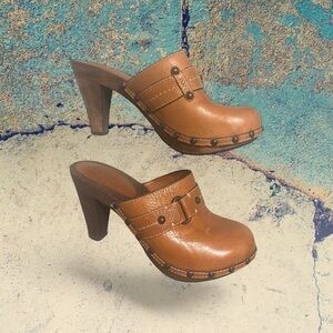 Brown Leather Studded Mule Heels | Vintage Boho Western Clog Chic Size 7
